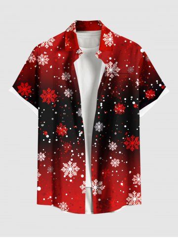 Plus Size Christmas Snowflake Ombre Colorblock Print Buttons Pocket Shirt For Men - RED - 4XL