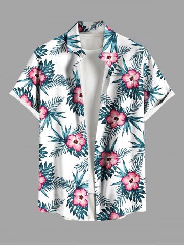 Plus Size Hibiscus Flowers Tropical Leaf Print Buttons Pocket Hawaii Shirt For Men - WHITE - 4XL