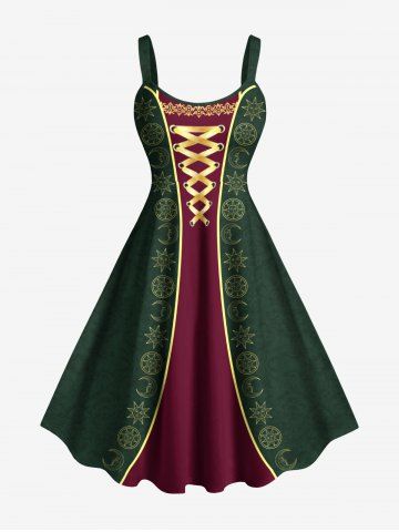 Plus Size Moon Sun Floral Lace Up 3D Print Tank Dress - ARMY GREEN - L