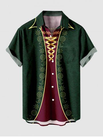 Plus Size Moon Sun Floral Lace Up 3D Print Buttons Pocket Shirt For Men - GREEN - S