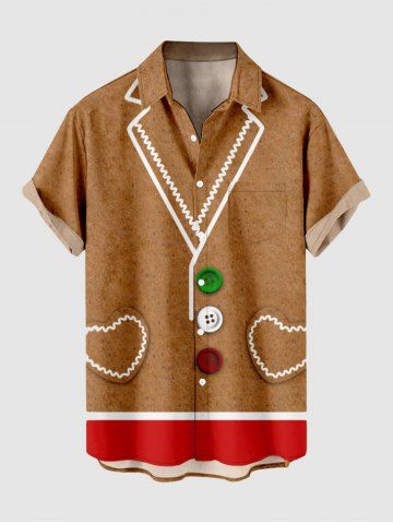 Plus Size Christmas Gingerbread Heart Colorful Buttons Print Buttons Pocket Shirt For Men - BROWN - S