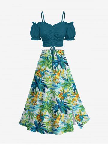 Solid Cinched Top and Coconut Tree Hibiscus Flower Sea Surfer Print Hawaii Split A Line Skirt Plus Size Matching Set - GREEN