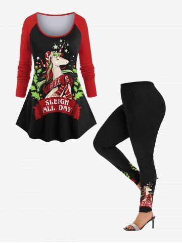 Christmas Holly Leaves Unicorn Stars Letters Print Long Sleeves T-shirt and Leggings Plus Size Matching Set - RED