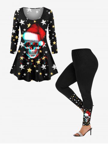 Skull Christmas Hat Glitter Stars Candy Print Long Sleeves T-shirt and Leggings Plus Size Matching Set - BLACK