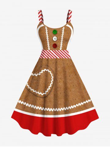 Plus Size Christmas Gingerbread Heart Colorful Buttons Print Tank Dress - LIGHT BROWN - L
