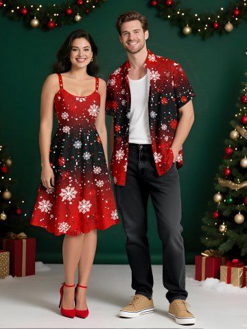 Christmas Snowflake Ombre Colorblock Print Plus Size Matching Outfit For Couples - RED