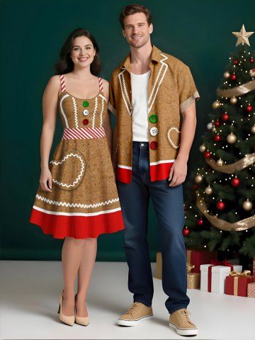 Christmas Gingerbread Heart Colorful Buttons Print Plus Size Matching Outfit For Couples - LIGHT BROWN