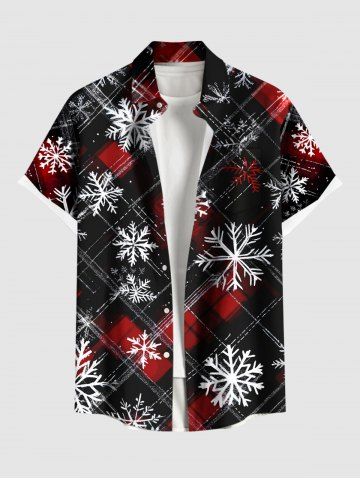 Plus Size Christmas Snowflake Plaid Print Buttons Pocket Shirt For Men - BLACK - XL
