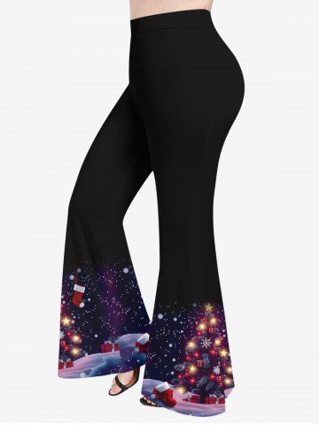 Plus Size Christmas Tree Stocking Ball Star Snowflake Print Flare Pants - BLACK - 1X