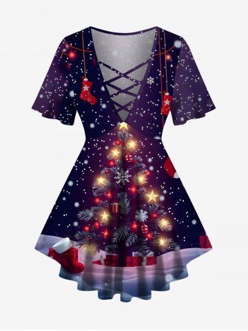 Plus Size Christmas Tree Stocking Ball Star Snowflake Print Crisscross Lattice T-shirt - CONCORD - 6X