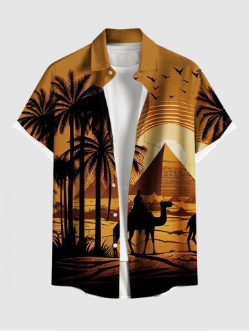 Plus Size Coconut Tree Camel Pyramids Bird Print Hawaii Button Pocket Shirt For Men - WHITE - 5XL