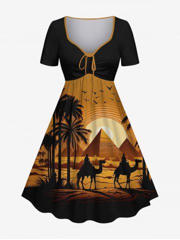 Plus Size Coconut Tree Camel Pyramids Bird Print Hawaii Cinched A Line Dress - BLACK - M