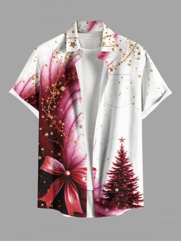 Plus Size Christmas Tree Bowknot Feather Stars Print Button Pocket Shirt For Men