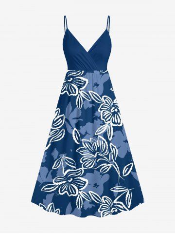 Plus Size Flower Leaf Print Hawaii Ombre Surplice A Line Cami Dress - NAVY BLUE - XXS