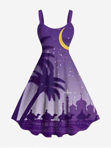 Plus Size Coconut Tree Camel Moon Star Ombre Galaxy Print Hawaii A Line Tank Dress - PURPLE - 5X