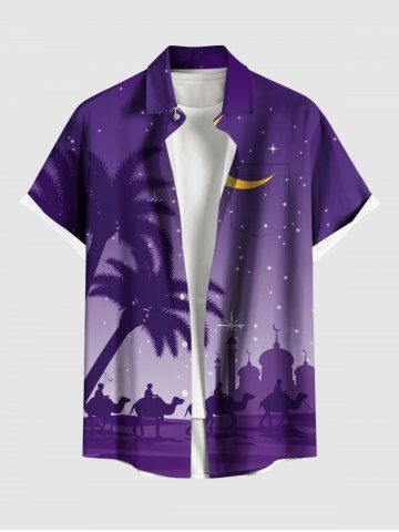 Plus Size Coconut Tree Camel Moon Star Ombre Galaxy Print Hawaii Button Pocket Shirt For Men - PURPLE - L