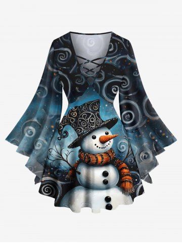 Plus Size Christmas Snowman Spiral Ombre Print Long Sleeves Lattice T-shirt - BLACK - S