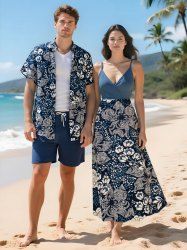 Tenue de plage hawaïenne assortie grande taille à imprimé floral pour couples - Bleu Marine 
