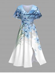 Plus Size Flowers Leaf Ombre Print Split Hawaii Midi Dress -  