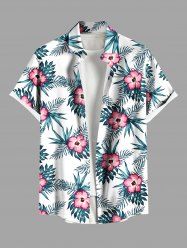 Plus Size Hibiscus Flowers Tropical Leaf Print Buttons Pocket Hawaii Shirt For Men -  