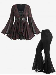 PU Stripe Tie Lace-up Split Flare Sleeve Top and Floral Lace Patchwork Flare Pants Plus Size Outfit -  