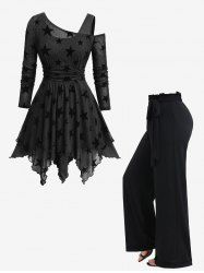 Stars Flocking Mesh Asymmetrical Neck Long Sleeve Top and Wide Leg Pants Plus Size Outfit -  