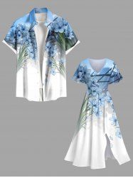 Tenue de plage hawaïenne assortie grande taille à imprimé fleurs et feuilles ombré pour couples - Bleu Ciel 