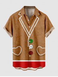 Plus Size Christmas Gingerbread Heart Colorful Buttons Print Buttons Pocket Shirt For Men -  