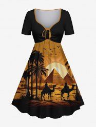 Plus Size Coconut Tree Camel Pyramids Bird Print Hawaii Cinched A Line Dress -  