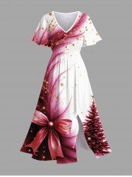 Robe mi-longue trapèze grande taille à imprimé sapin de Noël, nœud papillon, plumes et étoiles - Blanc 2X
