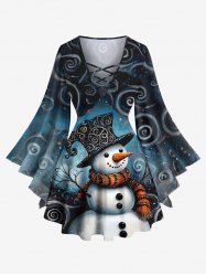 T-shirt à manches longues grande taille avec imprimé ombré en spirale et motif treillis, motif bonhomme de neige de Noël - Noir M