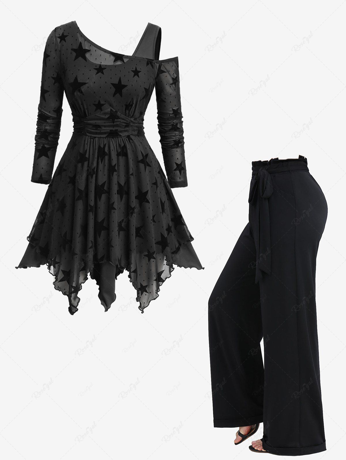 Best Stars Flocking Mesh Asymmetrical Neck Long Sleeve Top and Wide Leg Pants Plus Size Outfit  