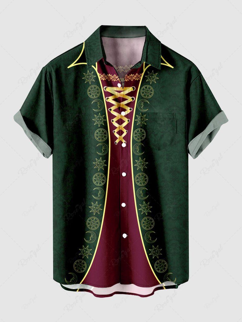 Chemise grande taille à lacets et imprimé floral 3D motif lune et soleil pour homme Vert S
