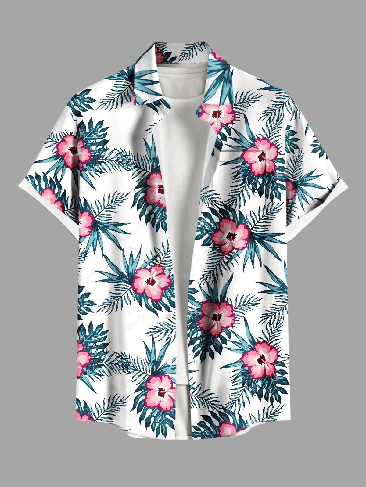 Buy Plus Size Hibiscus Flowers Tropical Leaf Print Buttons Pocket Hawaii Shirt For Men  