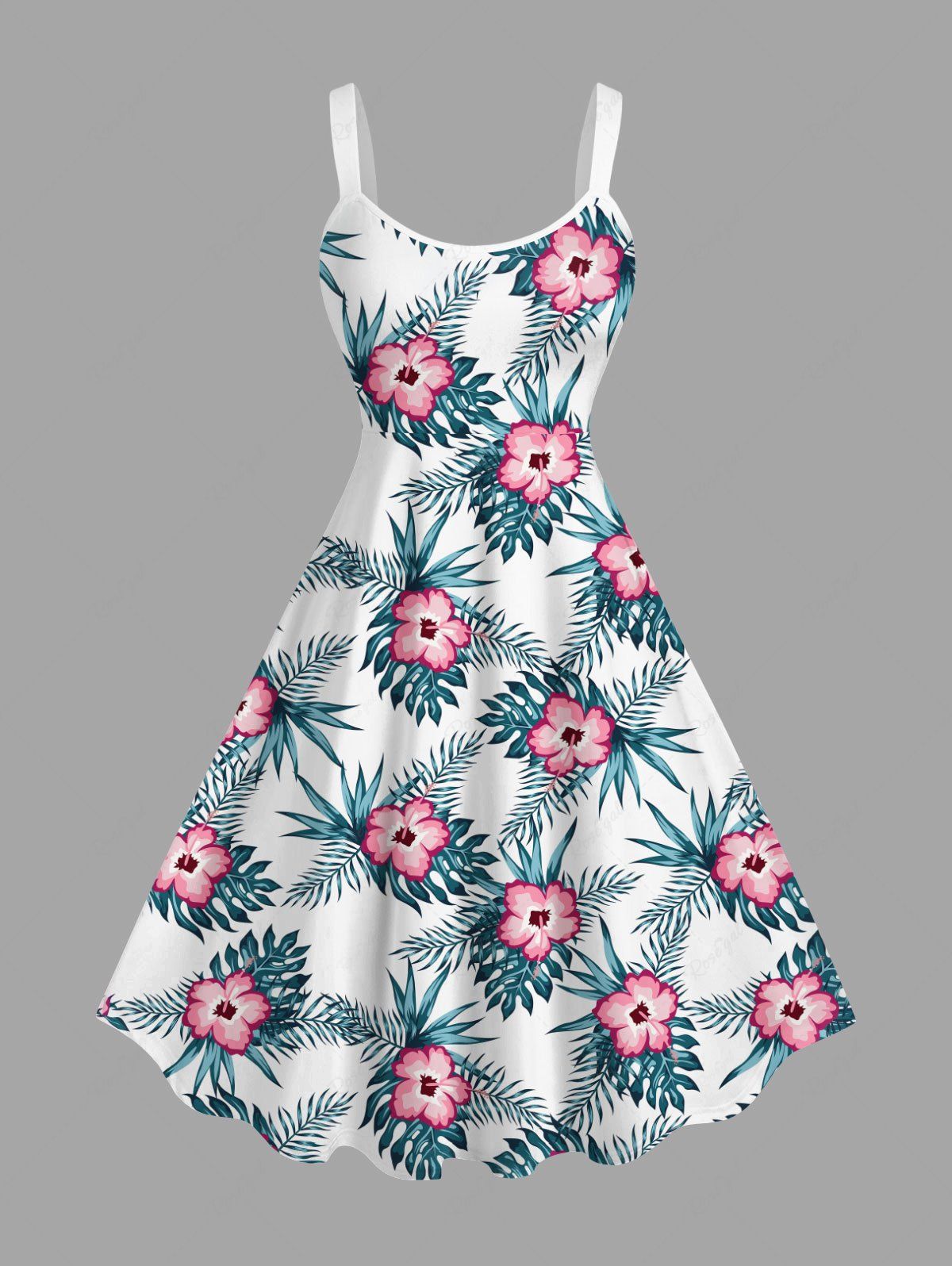 Robe débardeur hawaïenne grande taille à imprimé feuilles tropicales et fleurs d'hibiscus Blanc 6X