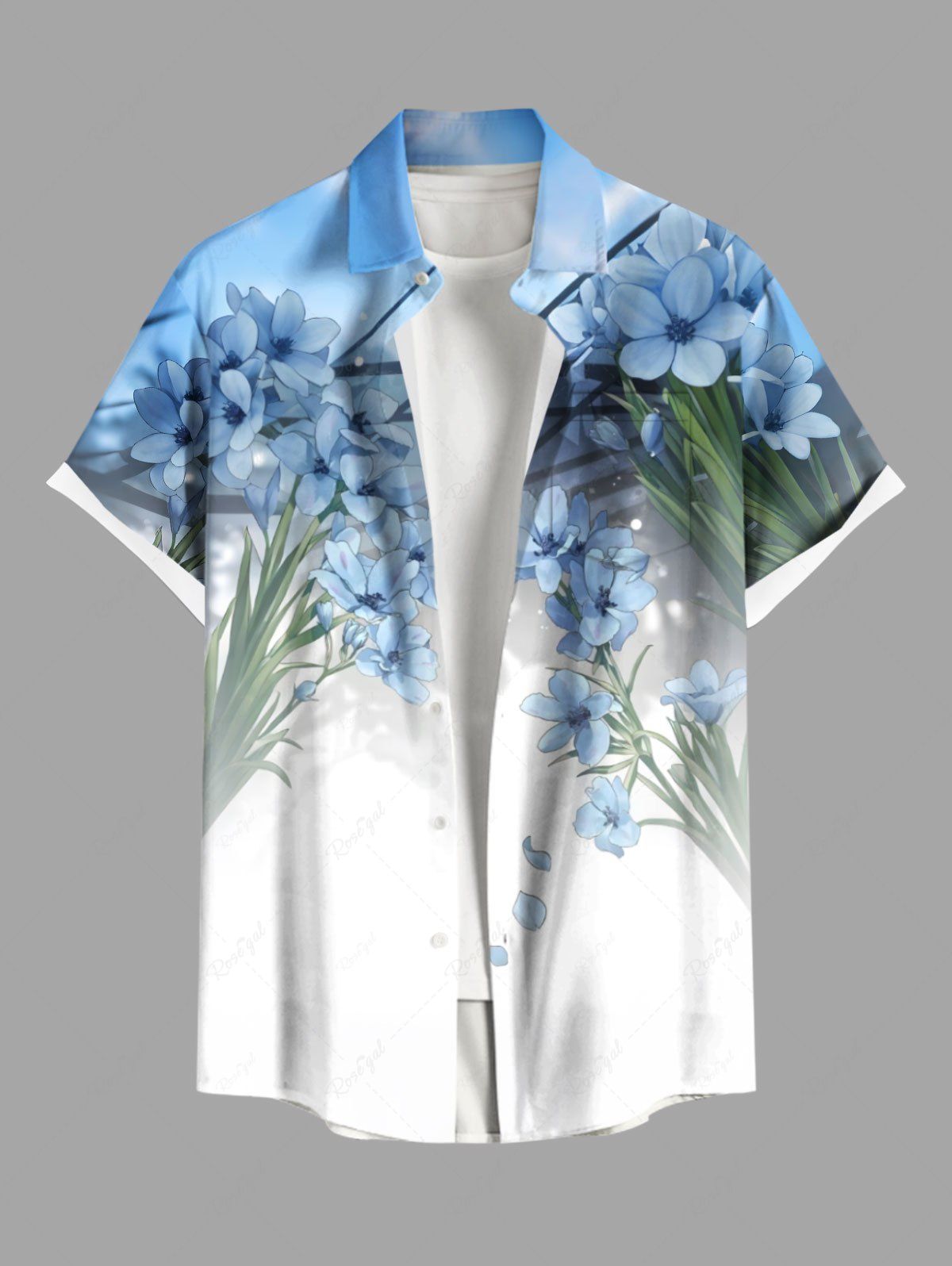 Chemise hawaïenne grande taille à imprimé ombré de fleurs et de feuilles, avec poches et boutons, pour homme Bleu Ciel L