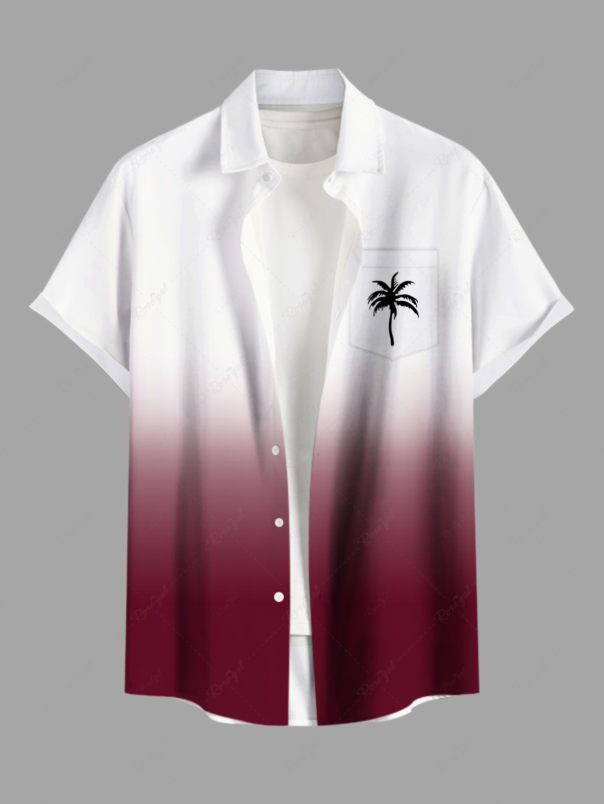 Chemise hawaïenne grande taille à imprimé cocotiers ombré et poches boutonnées pour homme Rouge M