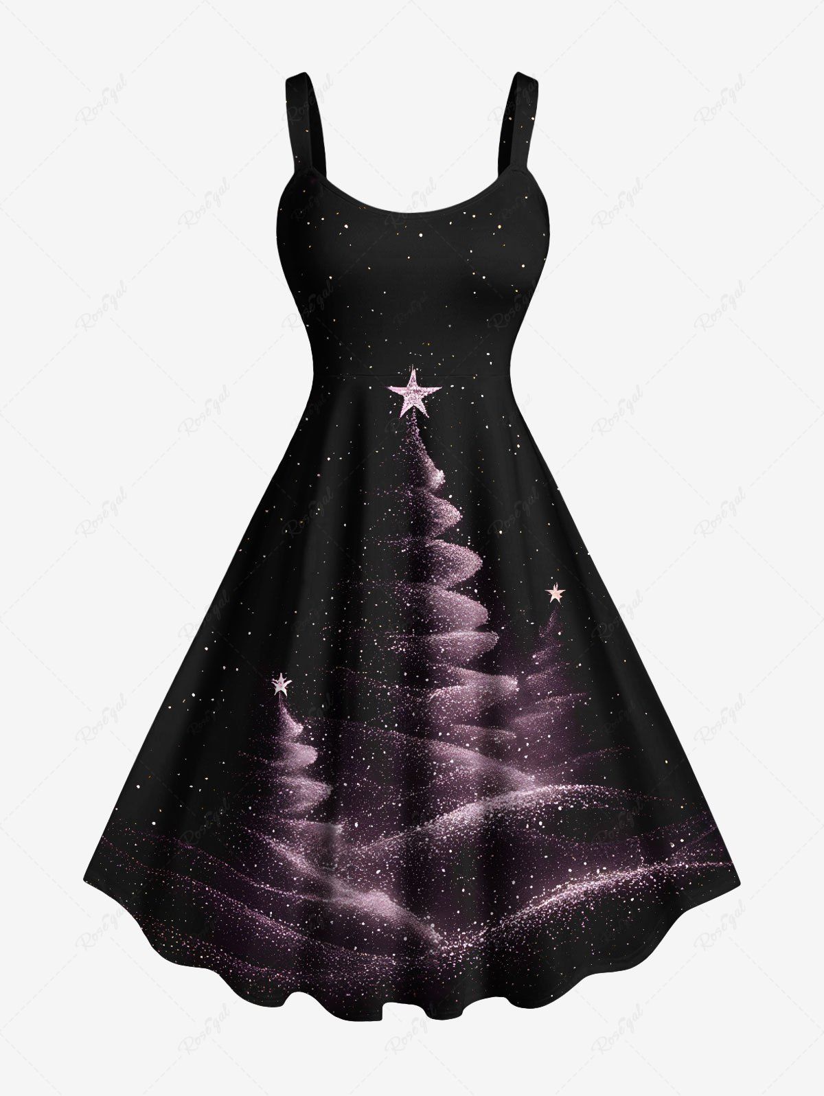 Robe débardeur grande taille à imprimé 3D motif sapin de Noël, galaxie, étoiles et paillettes Noir 1X