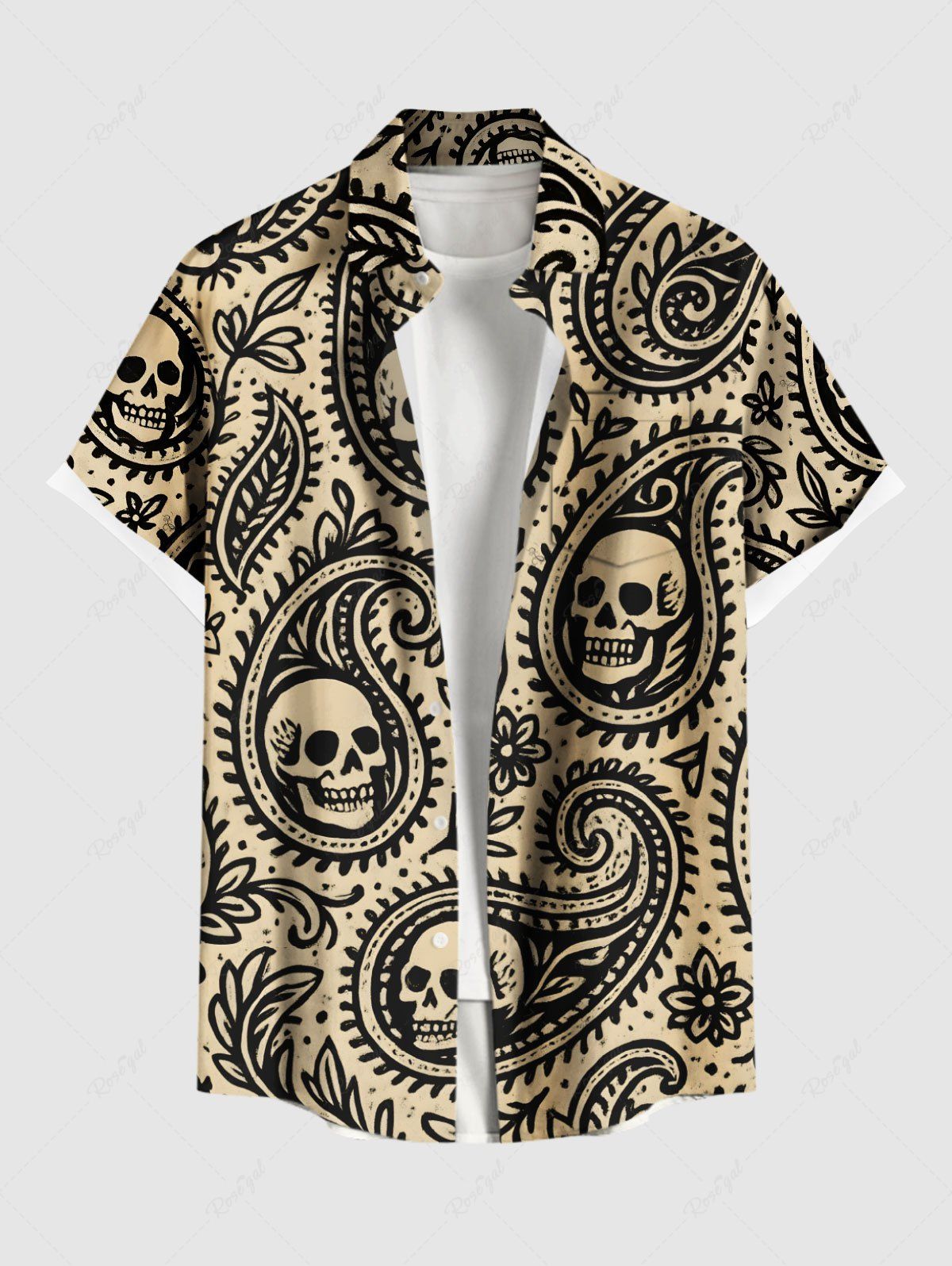 Chemise grande taille à boutons et poches pour homme, motif cachemire, fleurs et crânes, imprimé Halloween Bronze 3XL