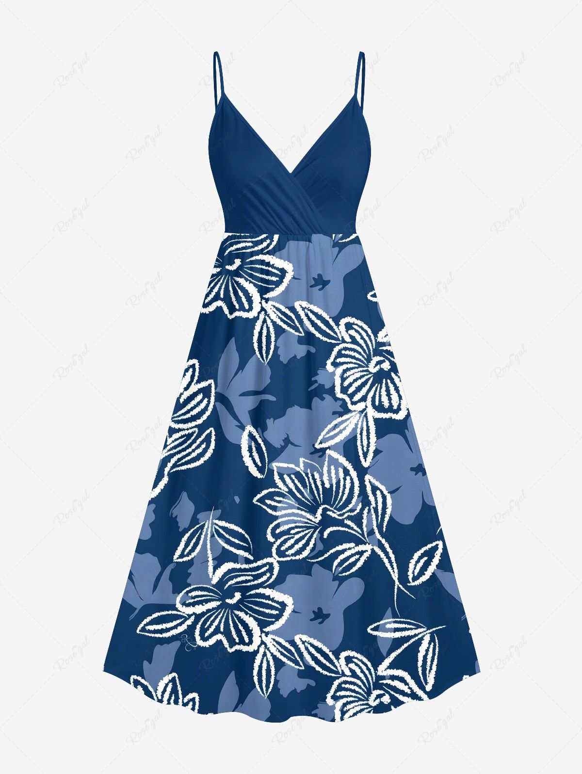 Robe caraco trapèze à imprimé floral et feuilles grande taille, coupe ombrée, style hawaïen Bleu Marine XXS