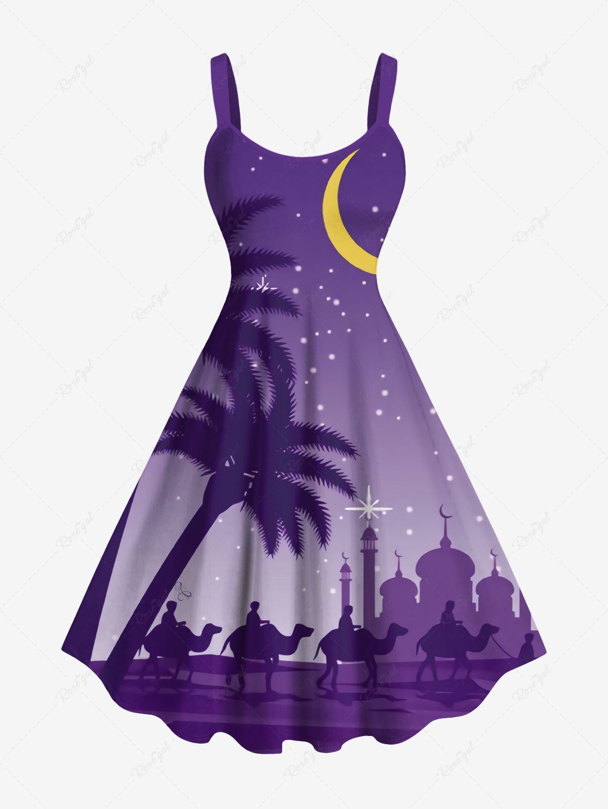 Robe débardeur grande taille à imprimé cocotier, chameau, lune, étoile, galaxie, ombré, style hawaïen, coupe trapèze Pourpre  XXS