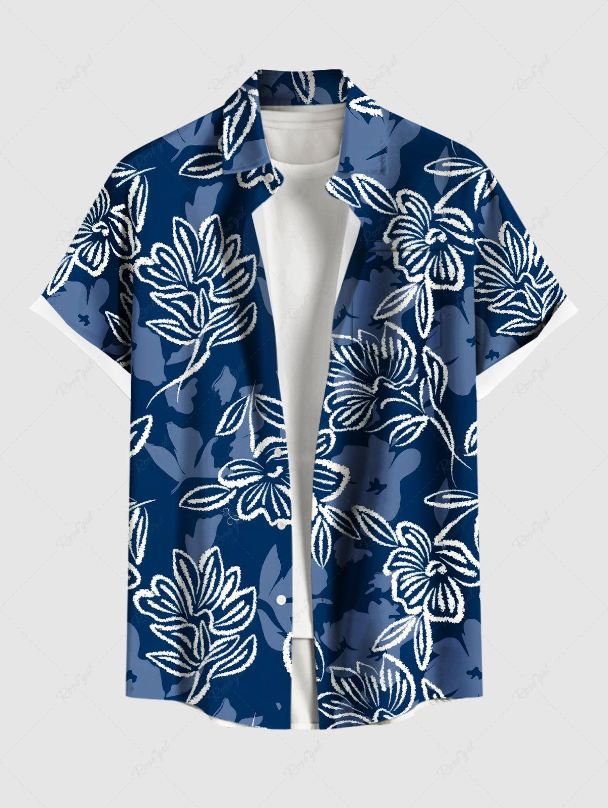 Chemise hawaïenne grande taille à imprimé floral et feuilles, avec poches boutonnées et ombrées, pour homme Bleu Marine L
