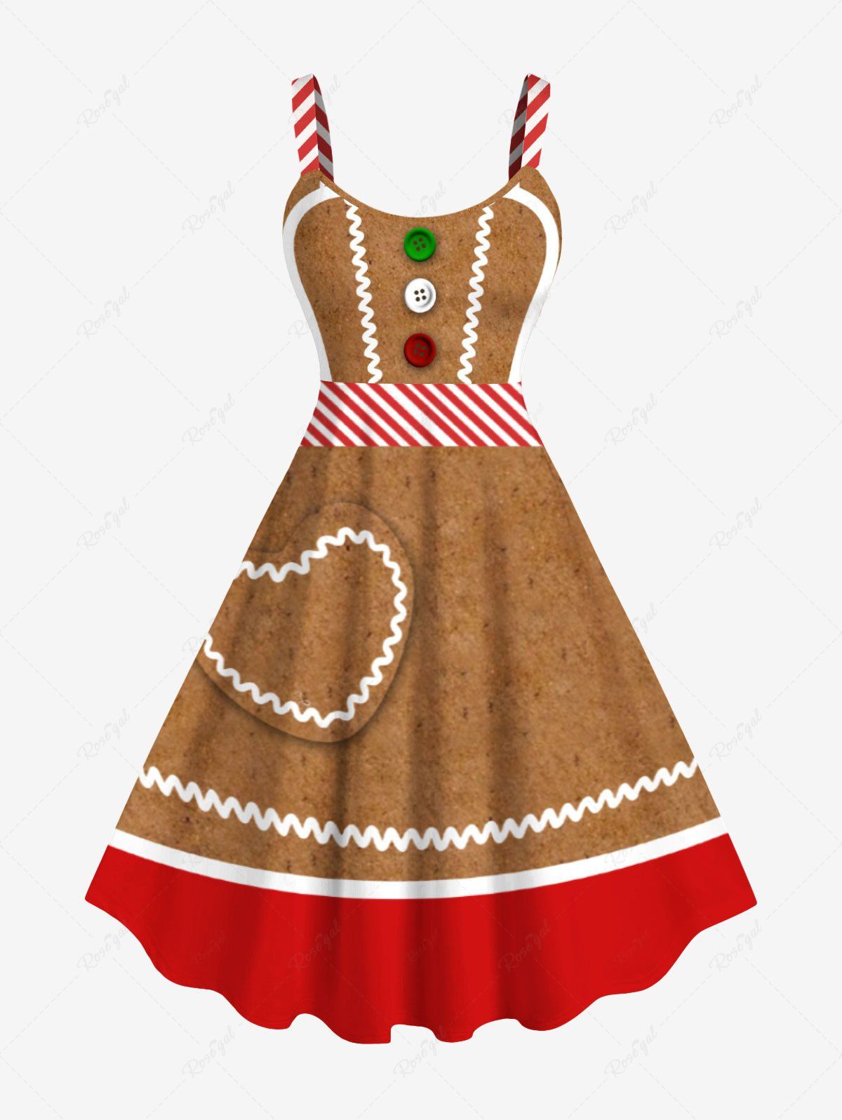 Fashion Plus Size Christmas Gingerbread Heart Colorful Buttons Print Tank Dress  