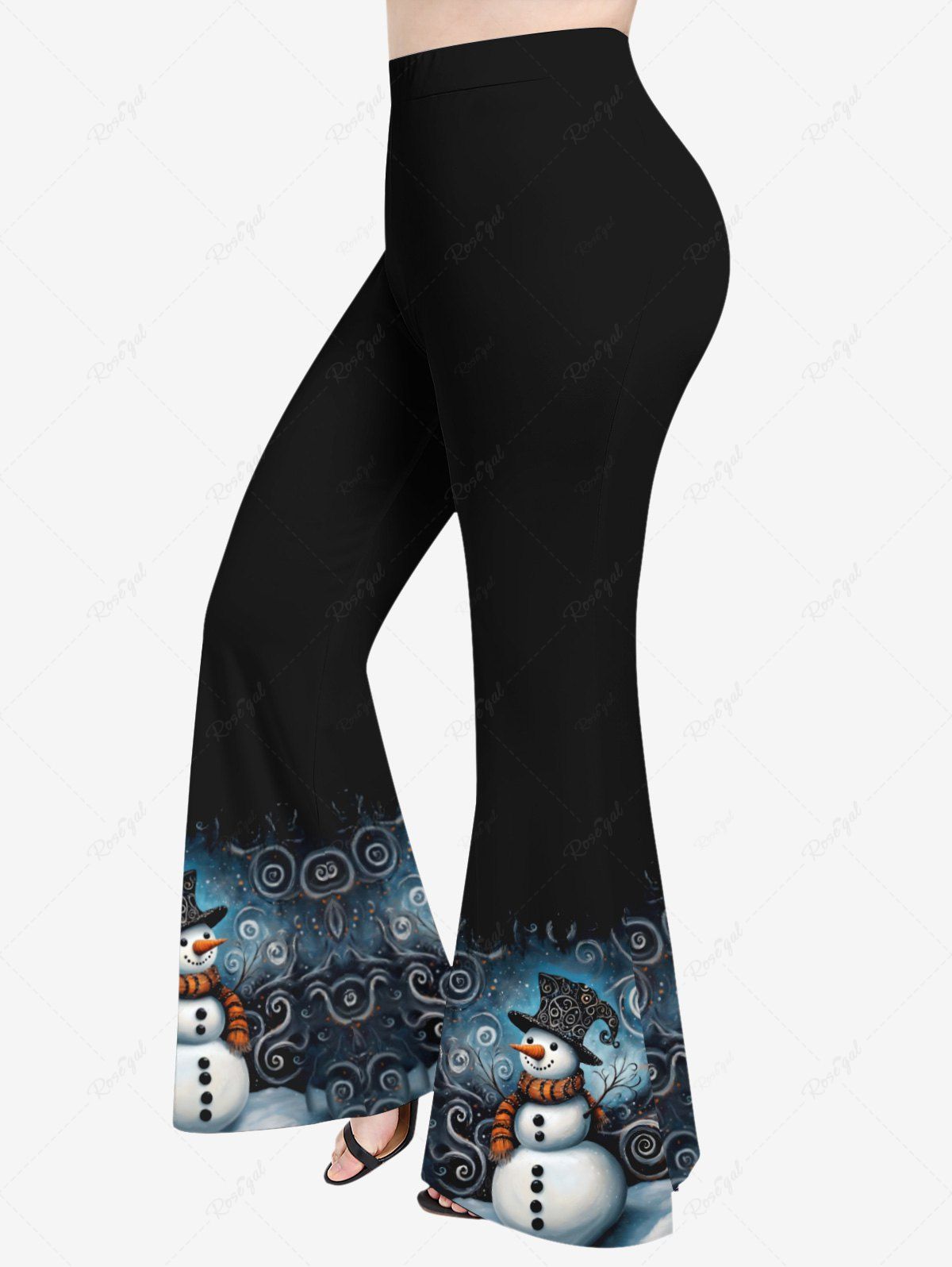 Pantalon évasé grande taille à imprimé ombré spirale bonhomme de neige de Noël Noir XS