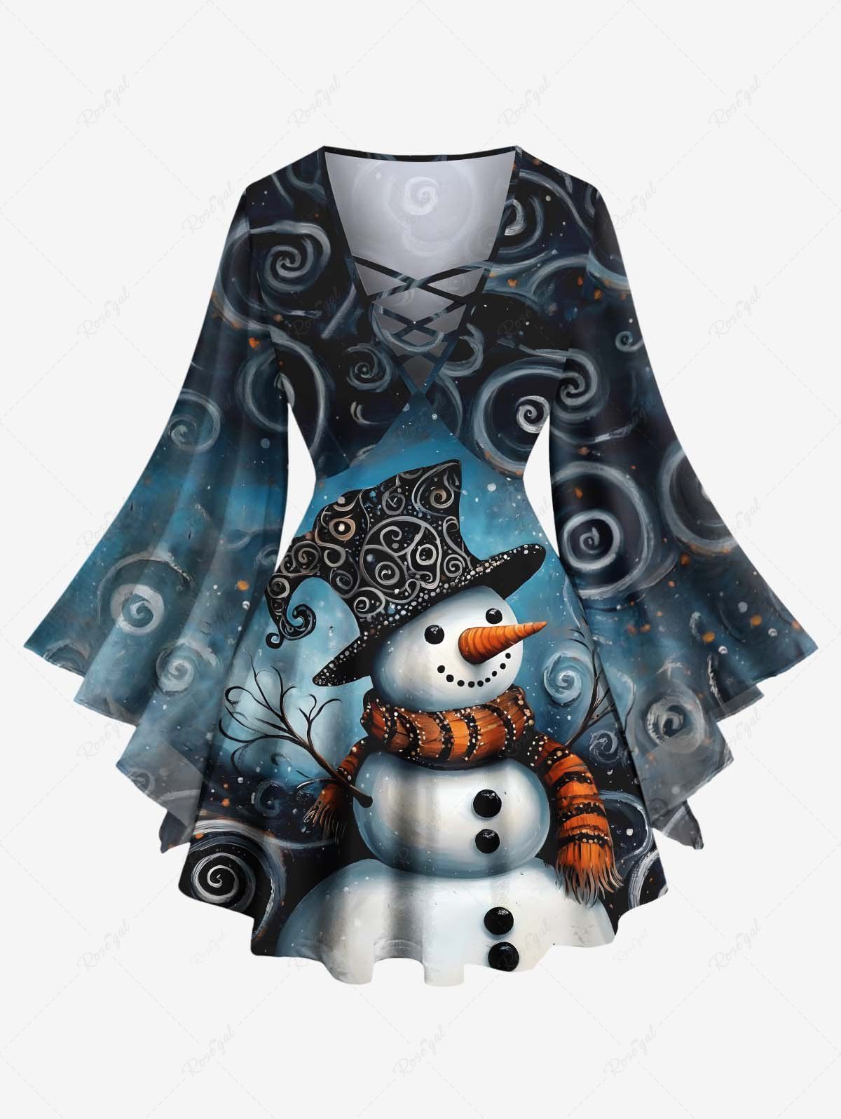 T-shirt à manches longues grande taille avec imprimé ombré en spirale et motif treillis, motif bonhomme de neige de Noël Noir XS