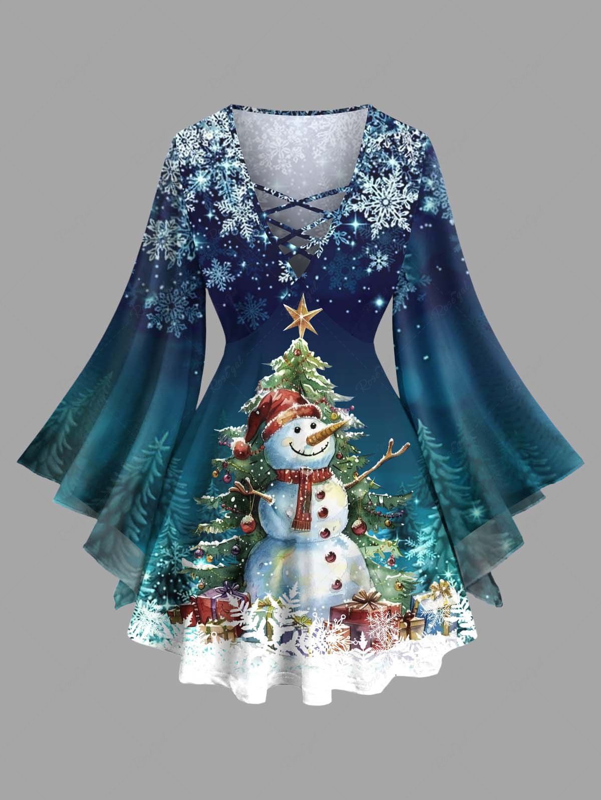 Best Plus Size Christmas Tree Snowflake Snowman Ombre Print Long Sleeves Lattice T-shirt  
