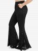 PU Stripe Tie Lace-up Split Flare Sleeve Top and Floral Lace Patchwork Flare Pants Plus Size Outfit -  