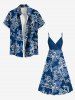 Robe caraco trapèze à imprimé floral et feuilles grande taille, coupe ombrée, style hawaïen - Bleu Marine XXS