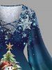Plus Size Christmas Tree Snowflake Snowman Ombre Print Long Sleeves Lattice T-shirt -  