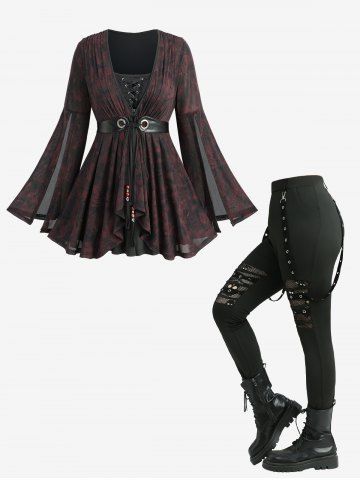 Lace-up PU Stripe Tie Split Flare Sleeves Top and Skull Hollow Out Fish Net Leggings Plus Size Outfit - BLACK